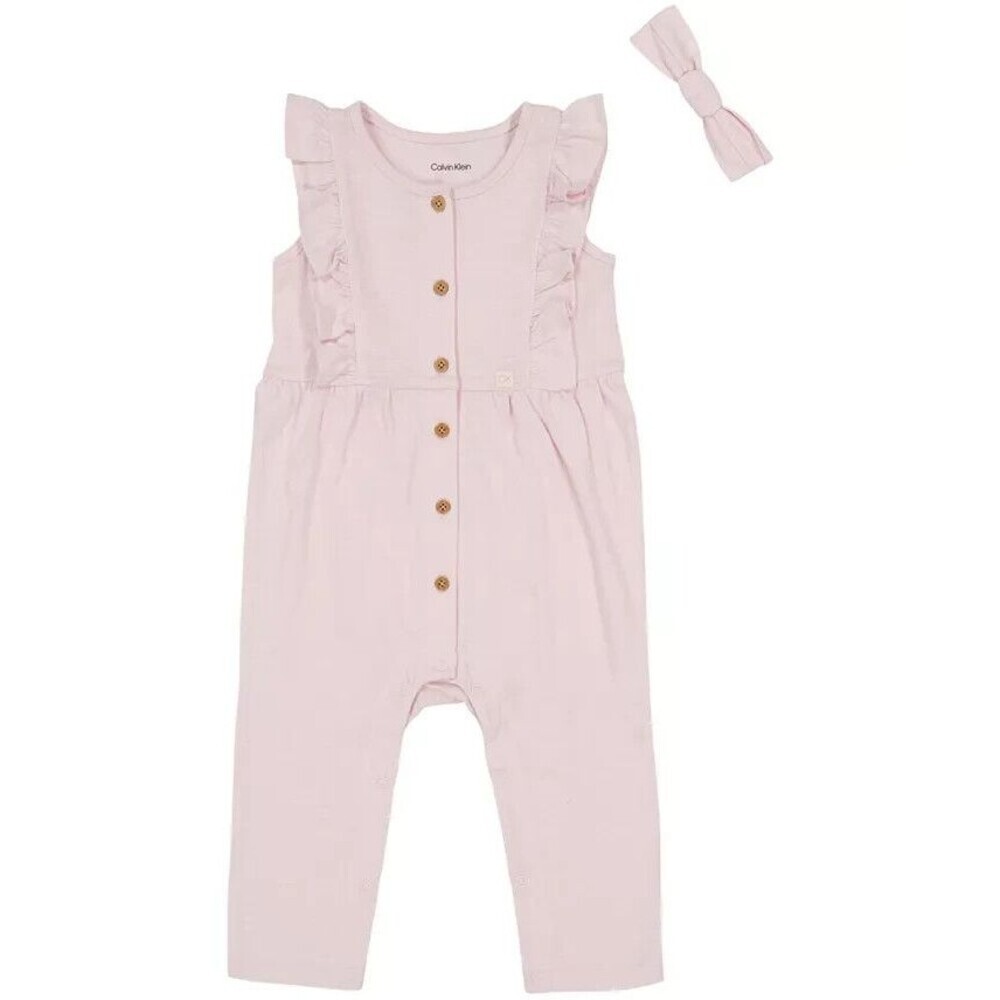Calvin Klein Baby Girls Ruffle Trim Jumpsuit and Headband 2 Piece Set Pink 12M